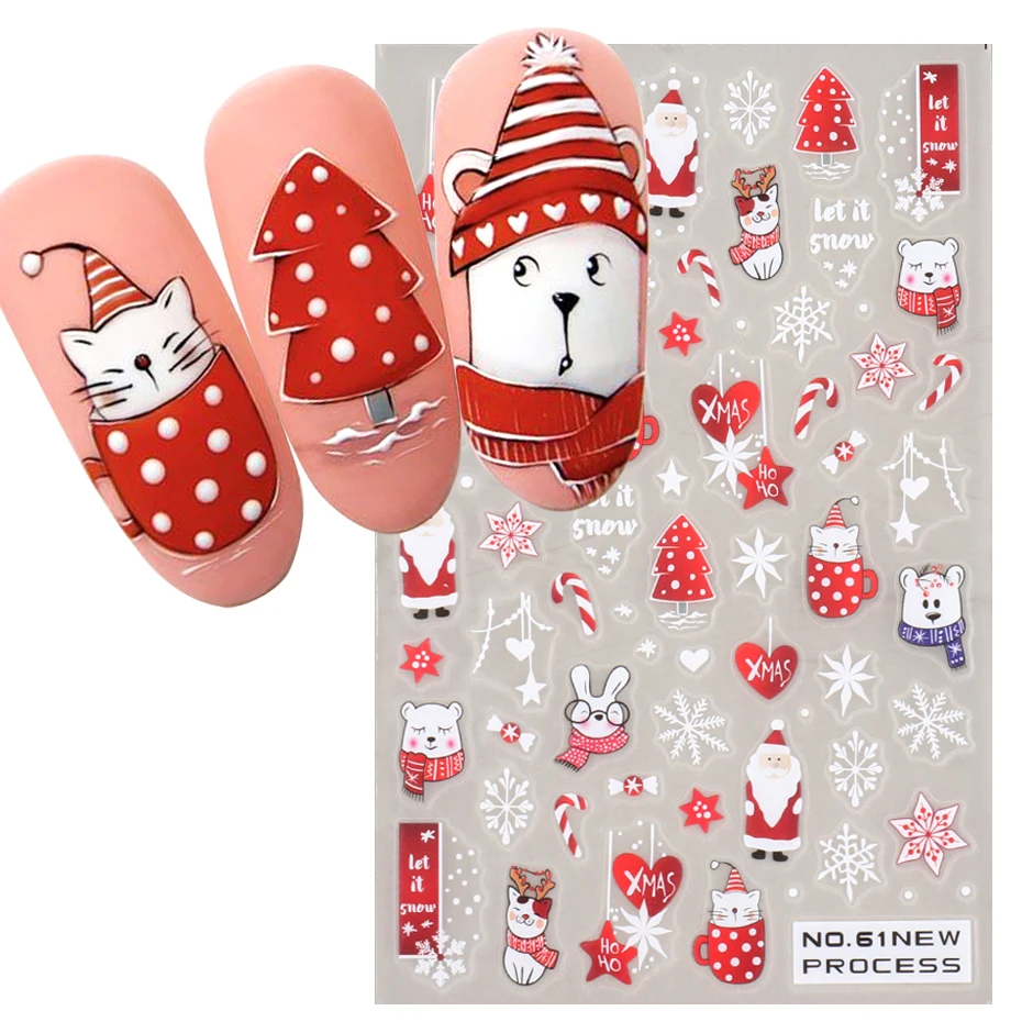 Cute Cartoon Bear Cat Nail Manicure Design Stickers 3D Lovly Anime Adhesive Decals 2023 Winter New Year Decoration Foils LYNO-61