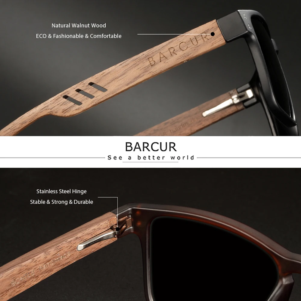 BARCUR Original Natural Wood Sunglasses Polarized Sun glasses for Men Square Luxury Brand Eyewear