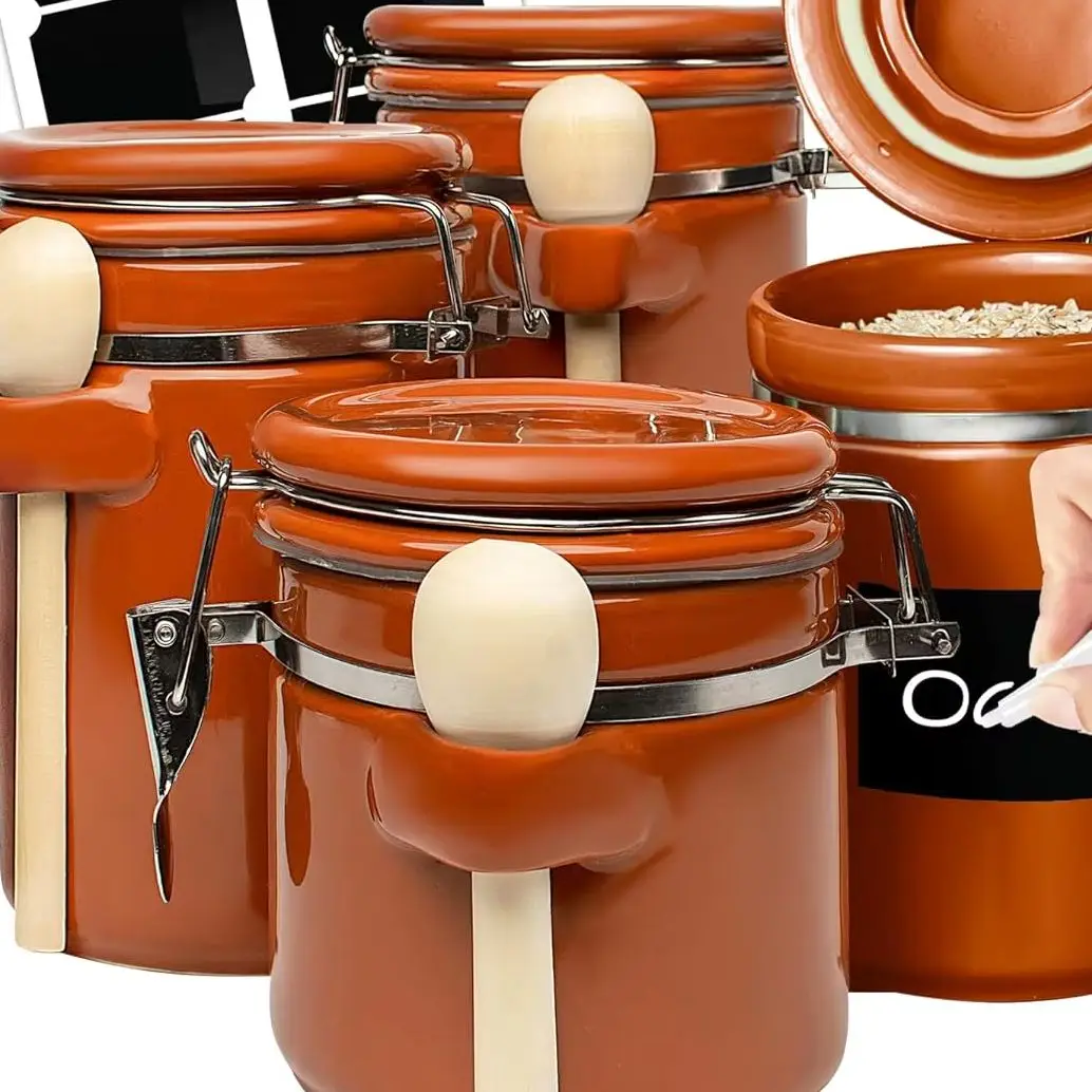 

Набор из 4 керамических кухонных канистр с набором деревянных ложек — герметичные контейнеры, металлические защелки для свежести при утепленном — сахар, Co