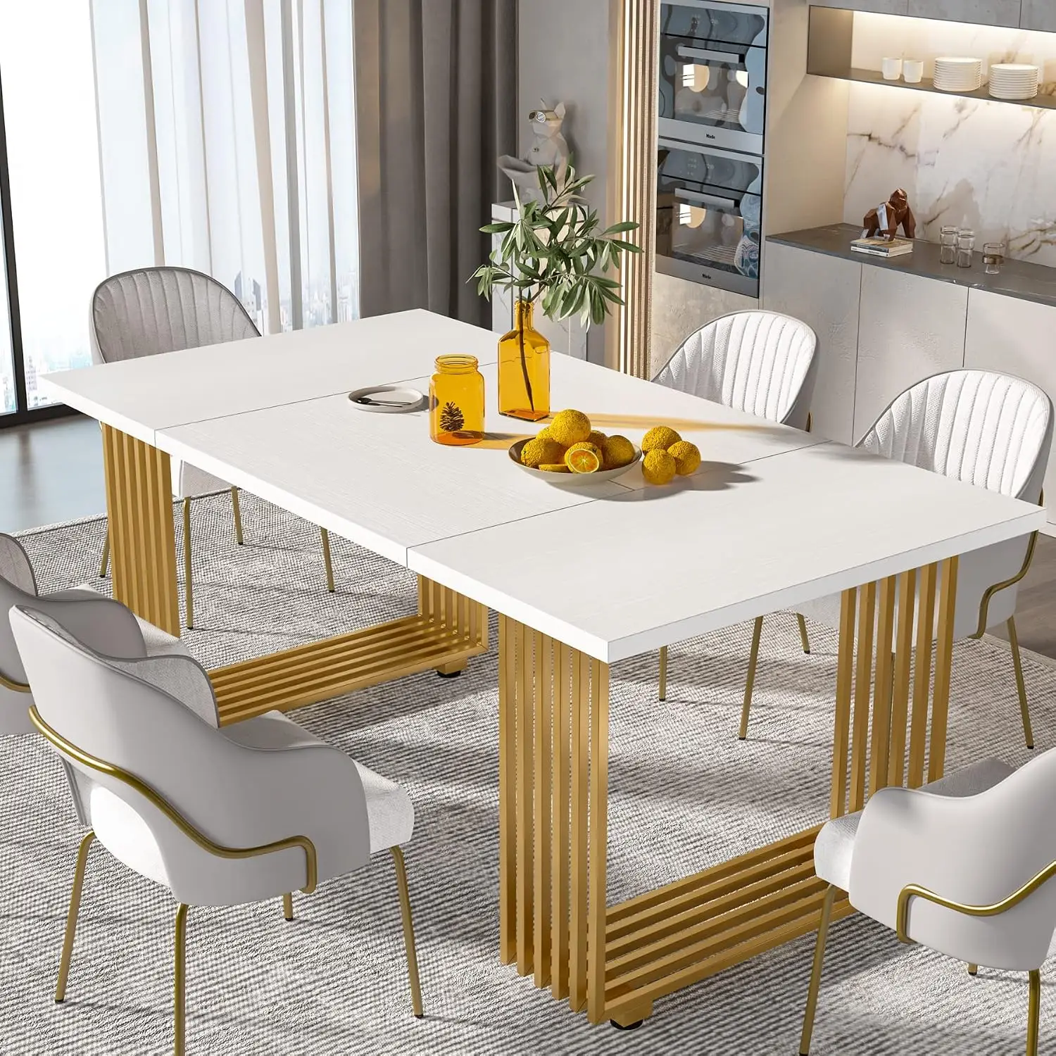 Tavolo da pranzo Tribesigns per 8 persone, dimensioni 180x80 cm, tavolo da cucina moderno, tavolo da pranzo rettangolare bianco e dorato, ideale per sala da pranzo, cucina e giardino, resistente e