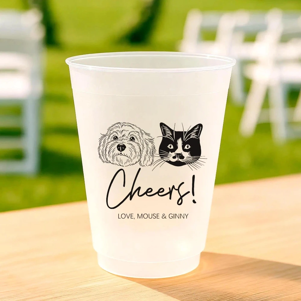 Dog Cat Frosted Plastic Party Cups, Custom Pet Image Reusable Drink Cups for Birthday Wedding Family Gathering and Gift Favors.