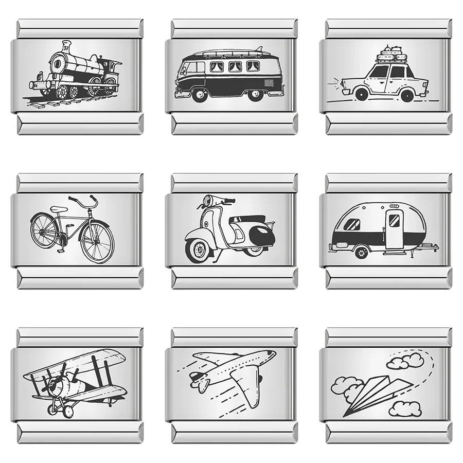 AliExpress Semkeiyee New Laser vehicles Travel Bicycle Car Aircraft train Charm Links Fit 9mm Bracelet Stainless Steel Fashion Jewelry DIY Making