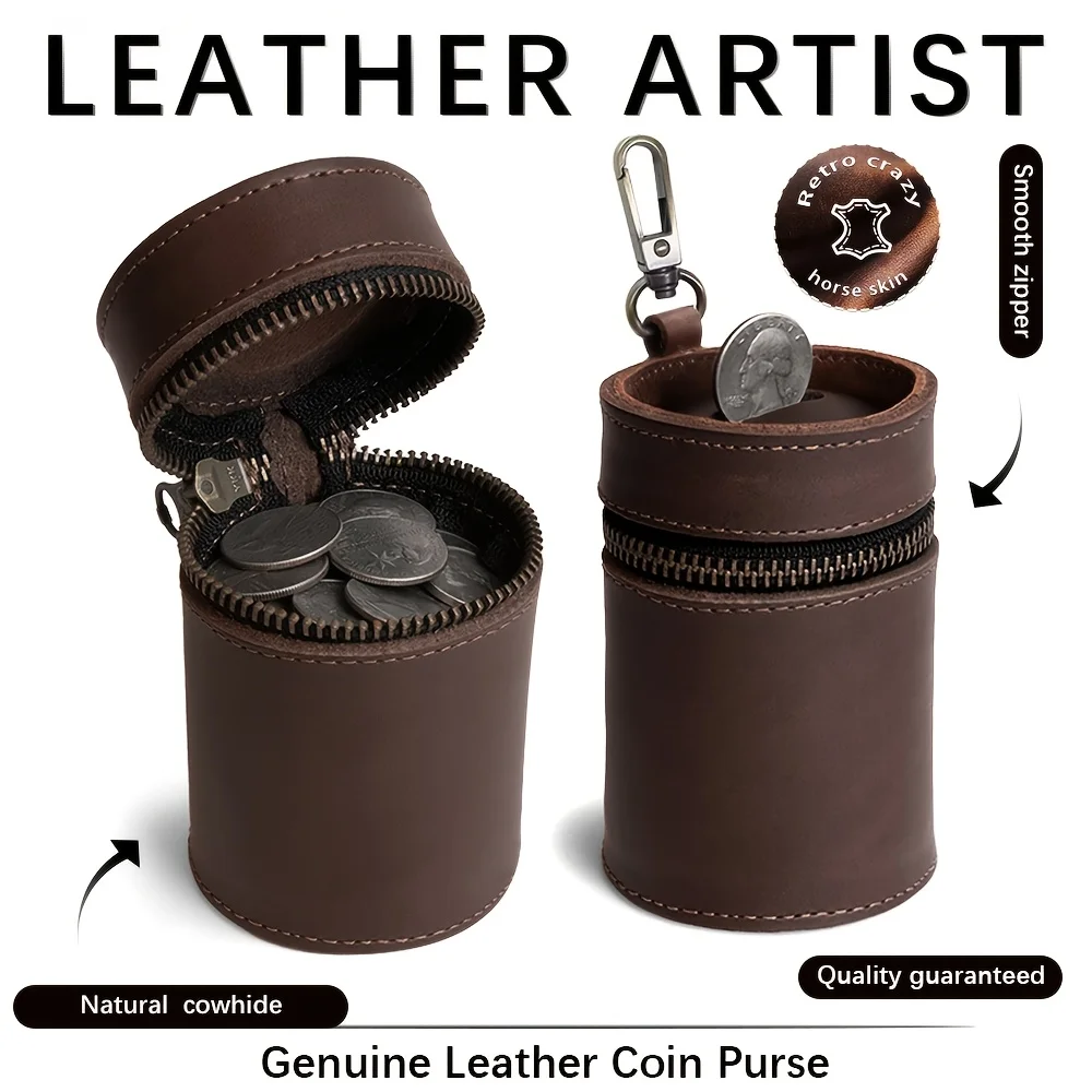 1pc Vintage Top Layer Cowhide Piggy Bank Portable Coin Storage Box Round Zipper Coin Crazy Horse Leather Change Purse