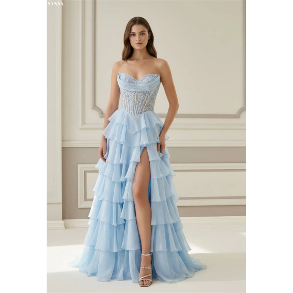 

Вечернее платье Sansa 2026: индивидуальный пошив, светло-голубое, А-силуэт, с разрезом, корсетное, многоярусные оборки, в пол, для выпускного вечера