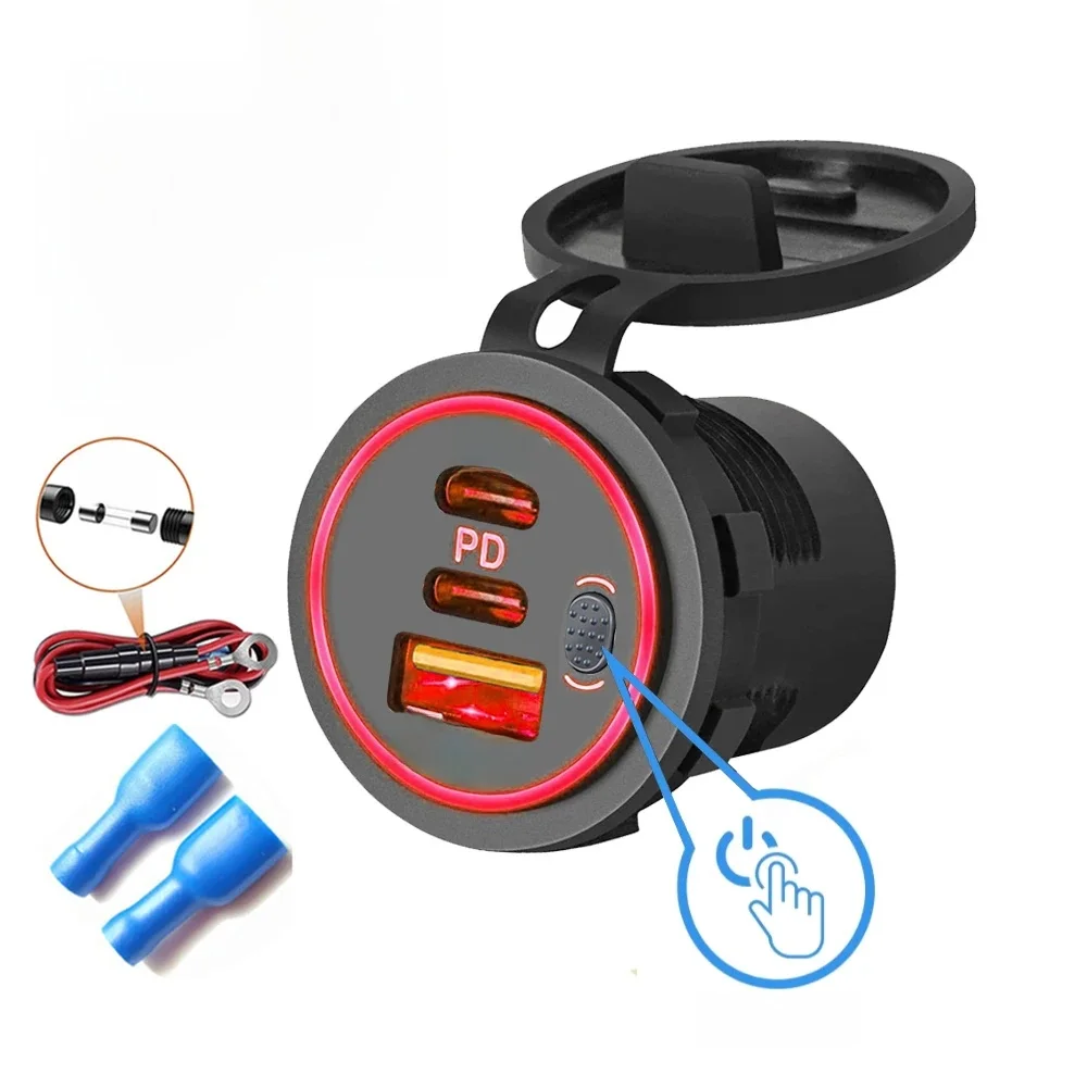 Schnellladegerät QC3.0 + PD Autoladegerät Buchse 78 W Doppelter USB-Anschluss Typ C Drei Ports Netzteil mit Schalter Universell wasserdicht