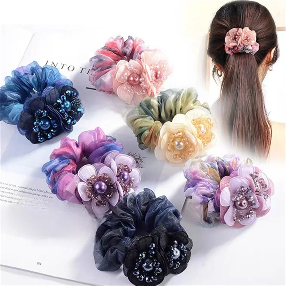Piękne gumki do włosów dla dziewczynki Bling Pearl Flower Scrunchie przezroczystość Organza gumki do włosów gumki uchwyt na kucyk nakrycia głowy — zdjęcie 2