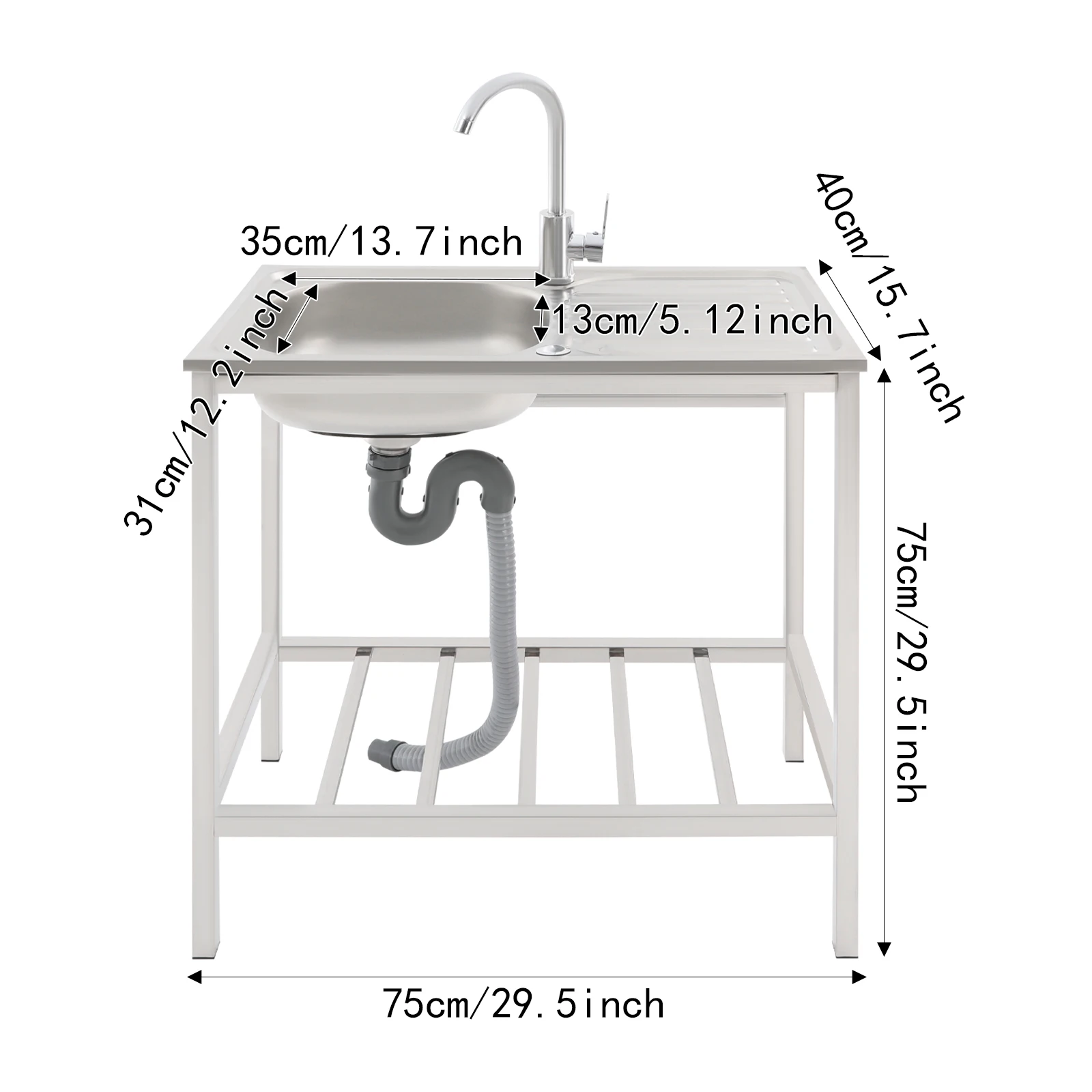 Free Standing Sink with Operation Countertop and Bottom Shelf, Massive Capacity Kitchen Single Bowl Sink 360° Rotatable Faucet