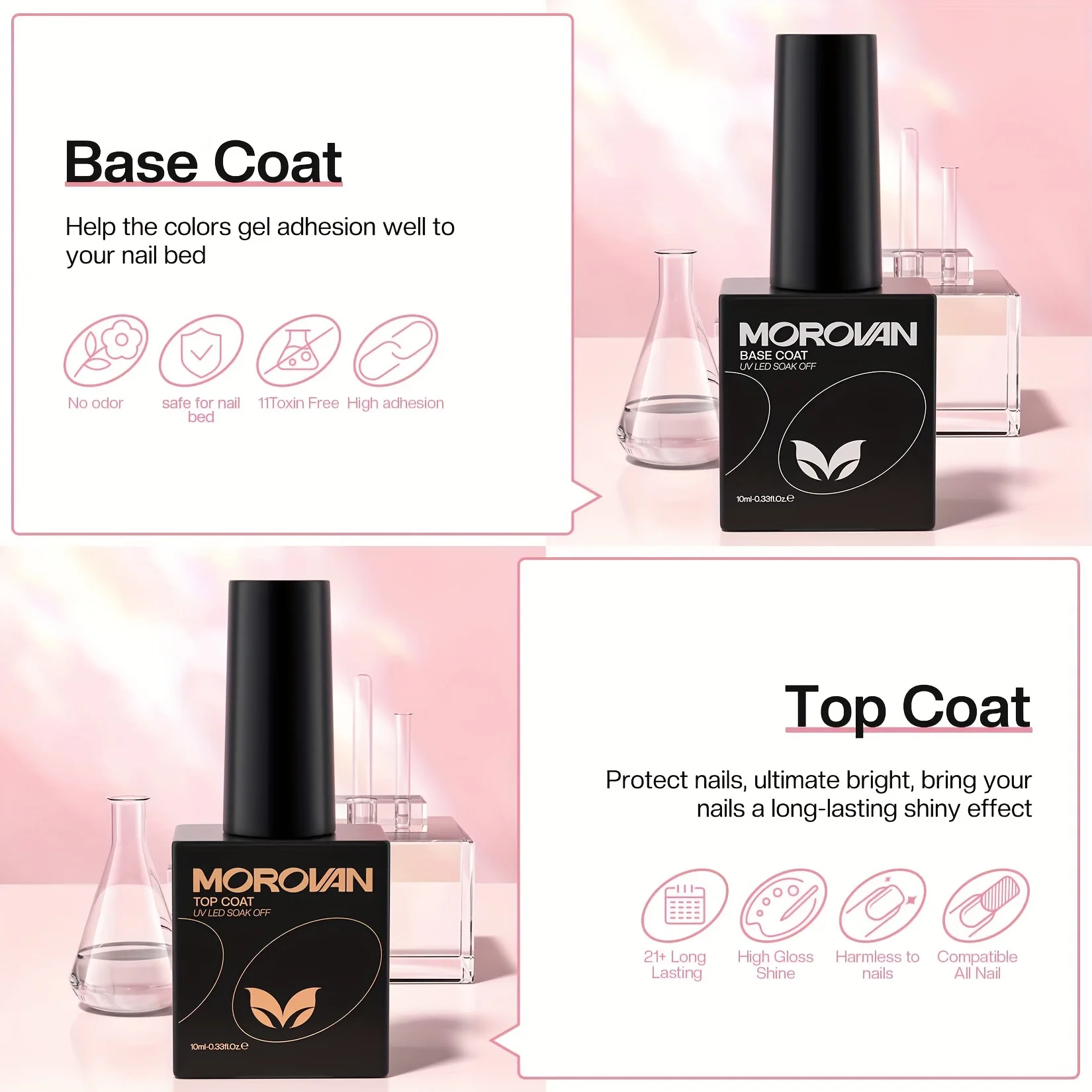 Morovan Gel Base Top Coat-Soak Off Gel Nagellak Ideaal Voor Beginners Biedt Langdurige Uv Glanzende Glans Perfect Voor Thuisgebruik