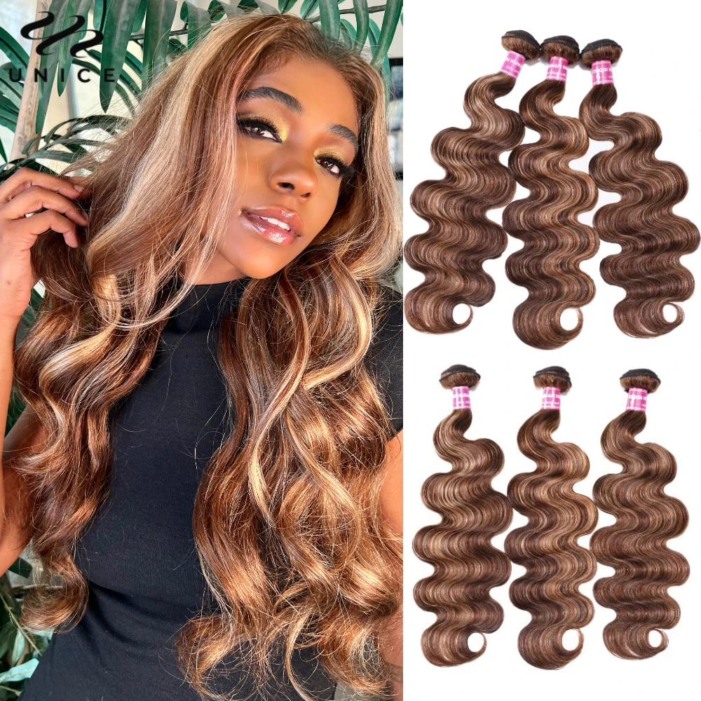 Unice Hair Honey Blonde Highlight Body Wave Human Hair Bundles 3/4 Bundles Mixed Brown Colored Hair Bundles Quick Weave Sew In