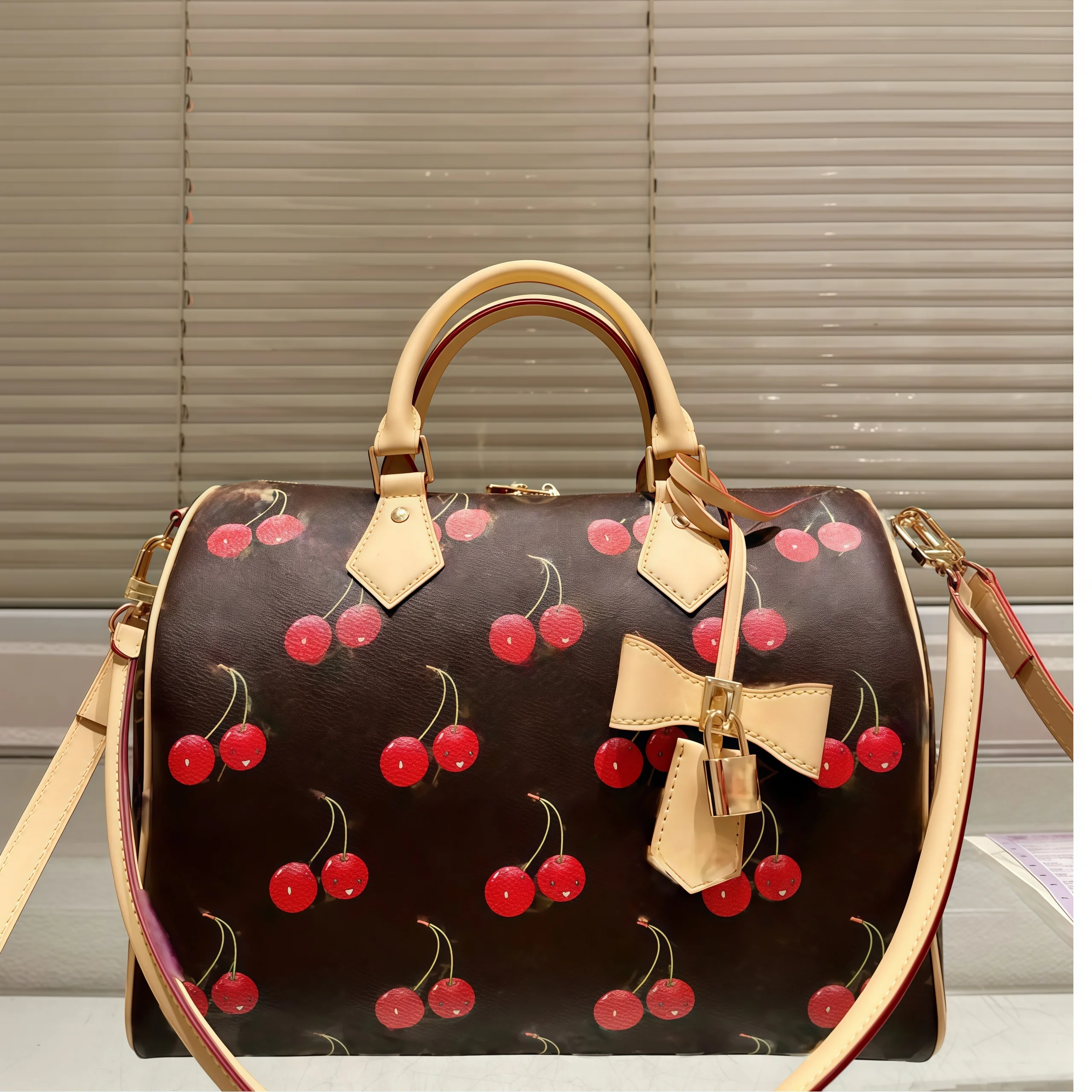 

2025 Cherry Pattern Coated Canvas Denim Detachable Shoulder Strap Ladies Handbag Messenger Bag Shoulder Bag 3 styles