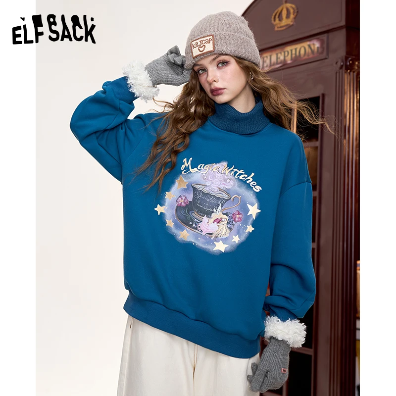 ELFSACK 2024 Winter New Arrivals Original printed fake two-piece loose sweatshirt for women, retro American style Velvet top