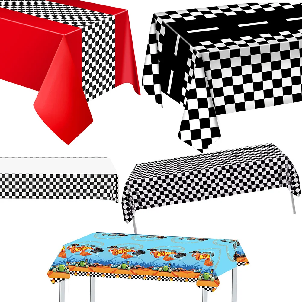 

1pc Race Car Checkered Party Black White Checkered Flag Tablecloth Road Racetrack TableCover Hot Wheels Racing Birthday Supplies