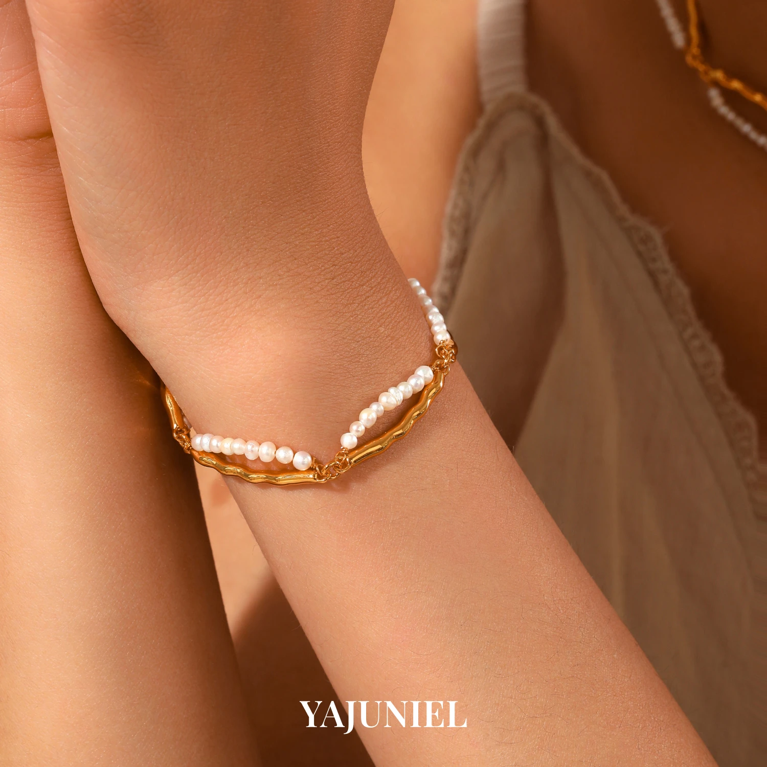 

YAJUNIEL Elegant Two-Layer Natural Freshwater Pearl Bracelet for Women 24K Gold Plated Bars Accent Statement Jewelry Gift