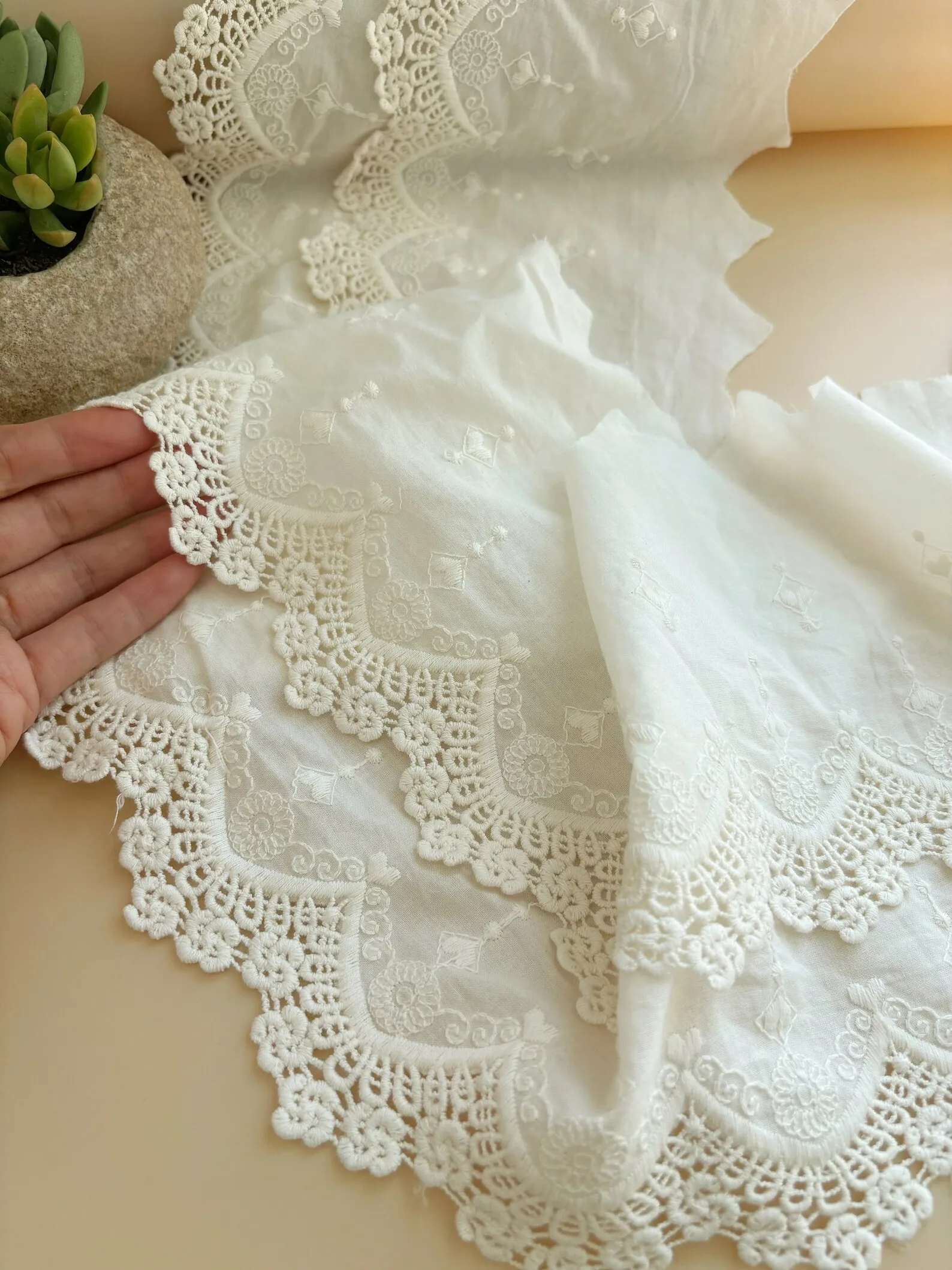 5 Yards 20 cm Wide Natural Ecru Cotton Lace Trim With Double Scallops Ribbons Fabric DIY Sewing Accessories Supplies