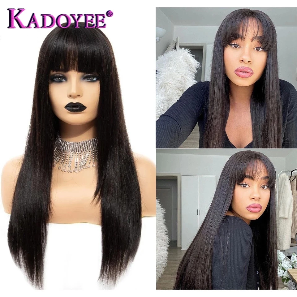 

Straight Human Hair Wigs With Bangs Full Machine Made Wigs For Black Women Brazilian Remy Bob Glueless Wig Human Hair 26 inches