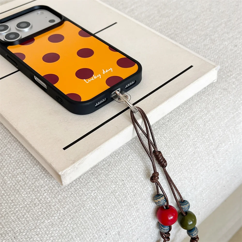 Casing HP Korea INS motif polkadot cokelat simpel untuk iPhone 17 Pro 13 14 15 16 Pro Max dengan rantai, lucu, Funda, anti-benturan