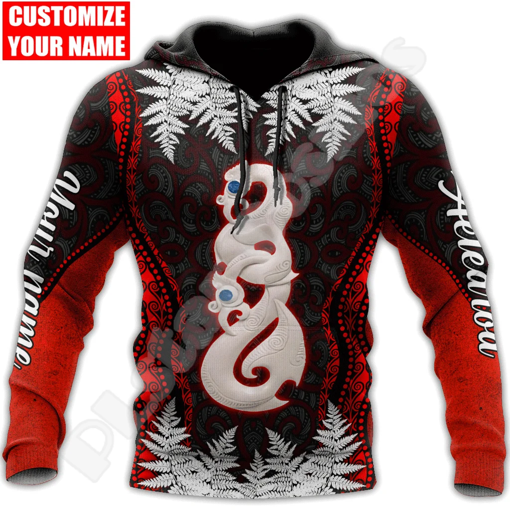 Custom Name Country Flag New Zealand Aotearoa Maori Tattoo Retro Long Sleeves 3DPrint Pullover Harajuku Casual Jacket Hoodies XE