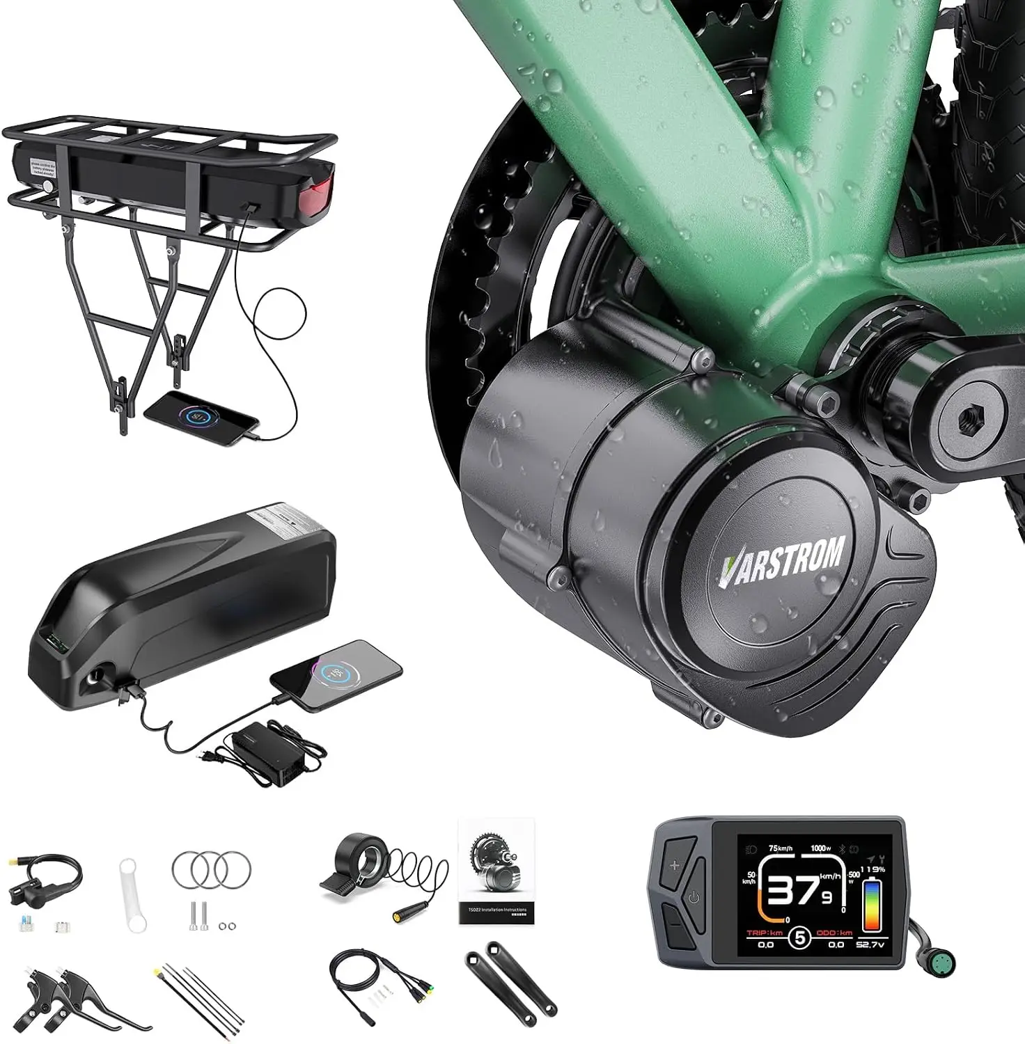 Varstrom× Tongsheng TSDZ2B 48V 500W Mittelmotor-Kit mit LCD-Display EKD01, 0-5-Gang-Schaltung und 42T-Kettenblatt |   Geschwindigkeits- und Drehmomentsensor-E-Bike-Kit, für 68-73 mm Länge, 8,5 mm