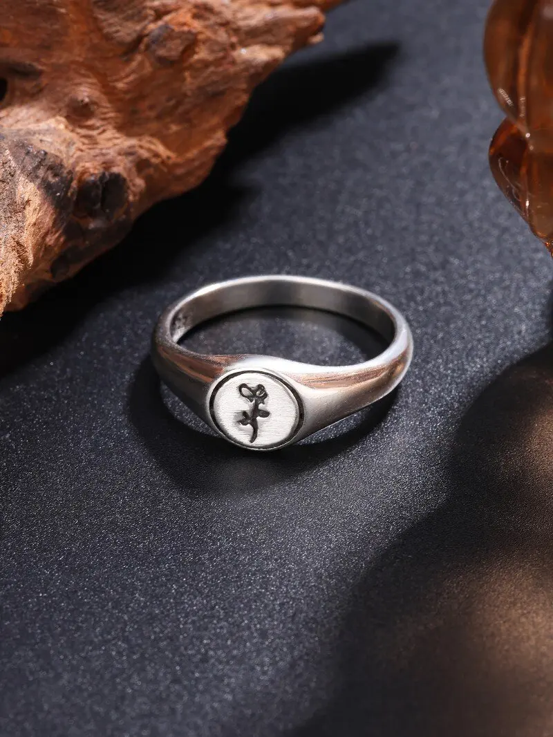 Anel de prata esterlina S925, anel de prata envelhecido vintage, design de carimbo de símbolo personalizado, anel de estilo unissex, anel de prata moderno e exclusivo para homens e mulheres