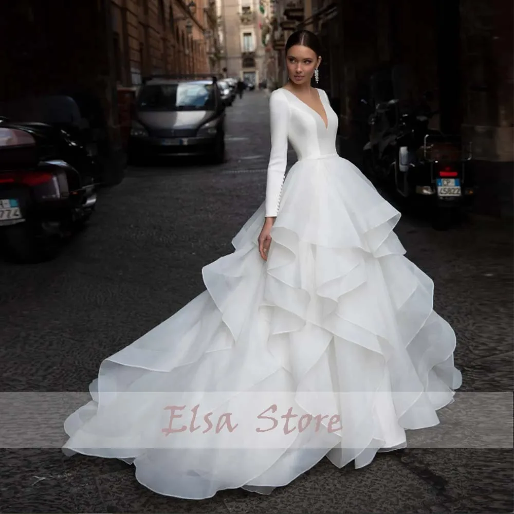 Simple Weddng Dresses A-Line Princess Long Sleeves Bride Dress Organza Court Train Vintage Bridal Gown 2022 New For Women Custom