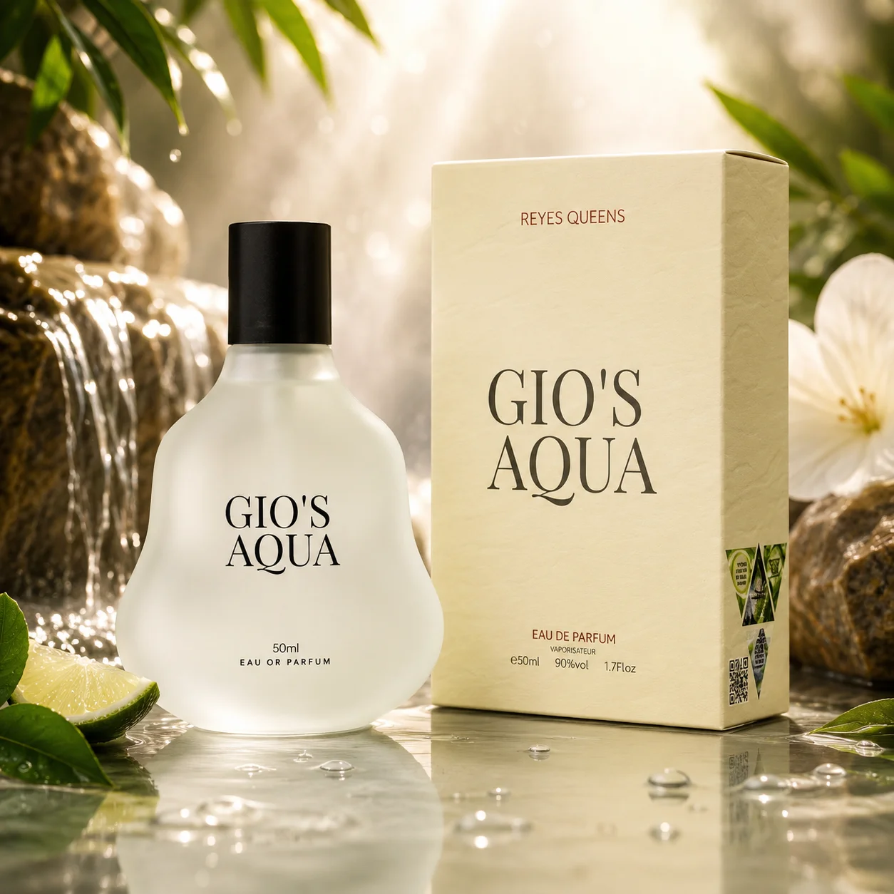 Image of Reyes Queens - Gio’S Aqua Eau de Parfum 50ml. Herrenduft mit frischem, aquatischem Aroma, klaren Zitrusnoten und einer sanften holzigen Basis.