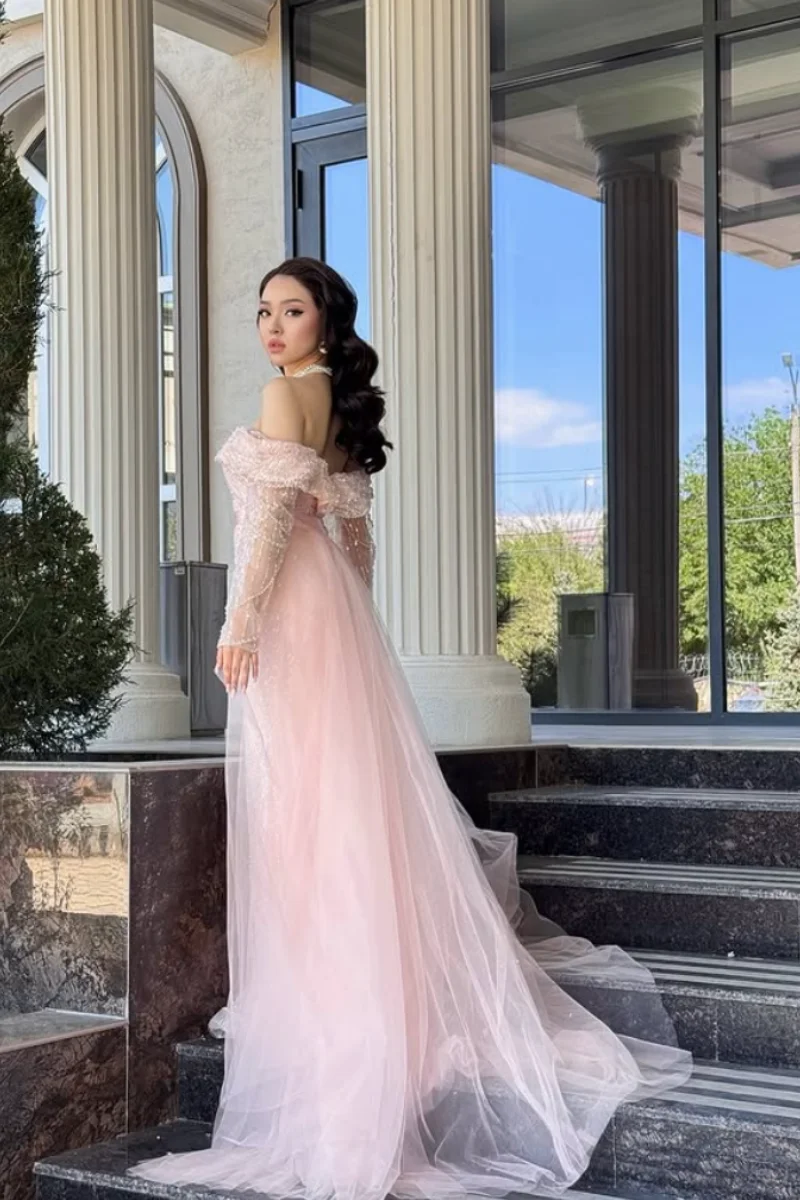 Jessica-vestidos de noche de manga larga con cuentas de tul, vestidos de fiesta de lujo de color rosa, vestidos de fiesta de boda de sirena personalizados