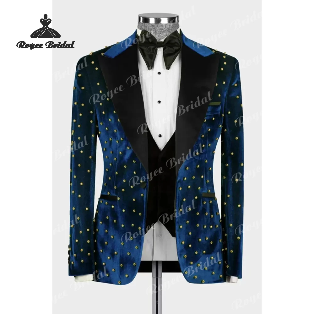 Terno de casamento masculino de três peças, breasted, lapela repicada, azul marinho, veludo, miçangas douradas, traje homme mariage, 2026