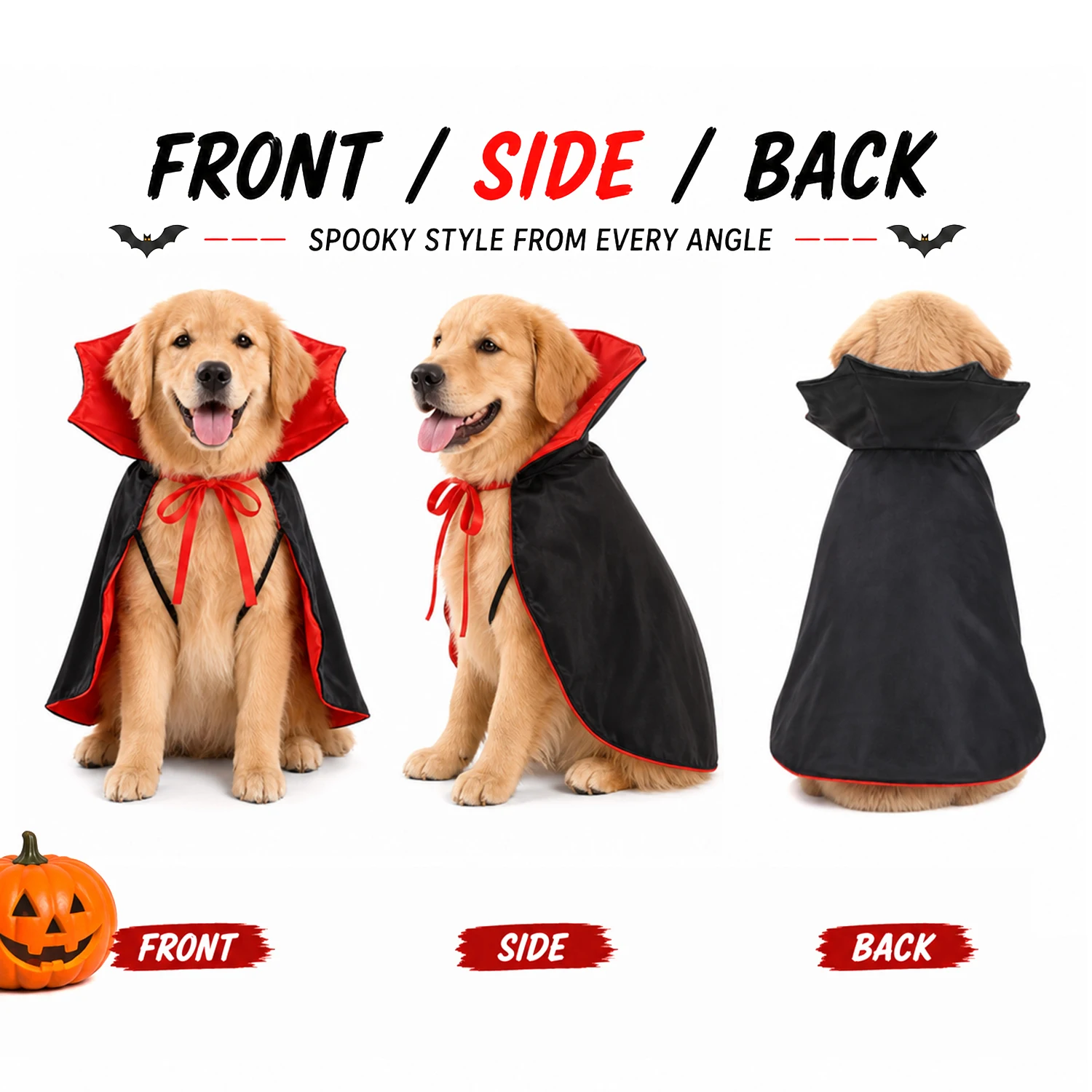Halloween-Vampirumhang für Hunde und Katzen, schwarzer, roter Zaubererumhang, Haustierkostüm mit verstellbarer Krawatte, gruseliges Verkleidungs-Outfit. – Detail 3