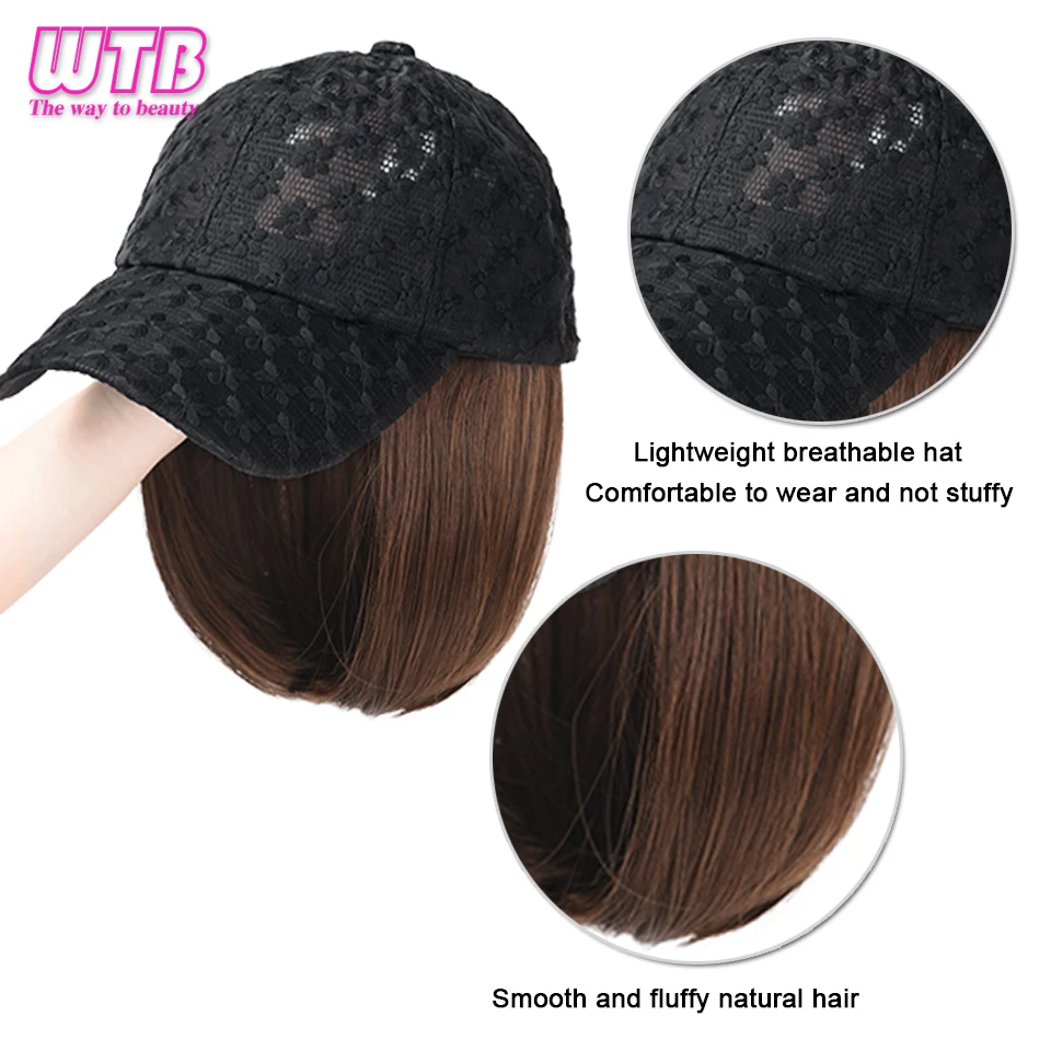 WTB Synthetic Natural Wigs Hat Seamless Connection Hair Extension for Women Wigs Short Bob Baseball Cap Wig Adjustable Black