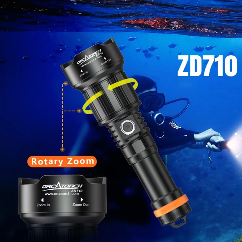 ORCATORCH ZD710 Scuba Diving 2700-Lumen Flashlight Adjustable Beam Angle Torch 150-Meter Waterproof Underwater Photography