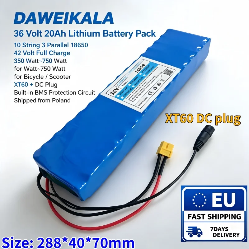DAWEIKALA 36V 20Ah 10S 3P 18650 Lithium-Akku für Fahrrad/E-Scooter 42V 350W-750W mit XT60+DC-Stecker und eingebautem BMS-Schutzschaltkreis, Versand aus Polen.