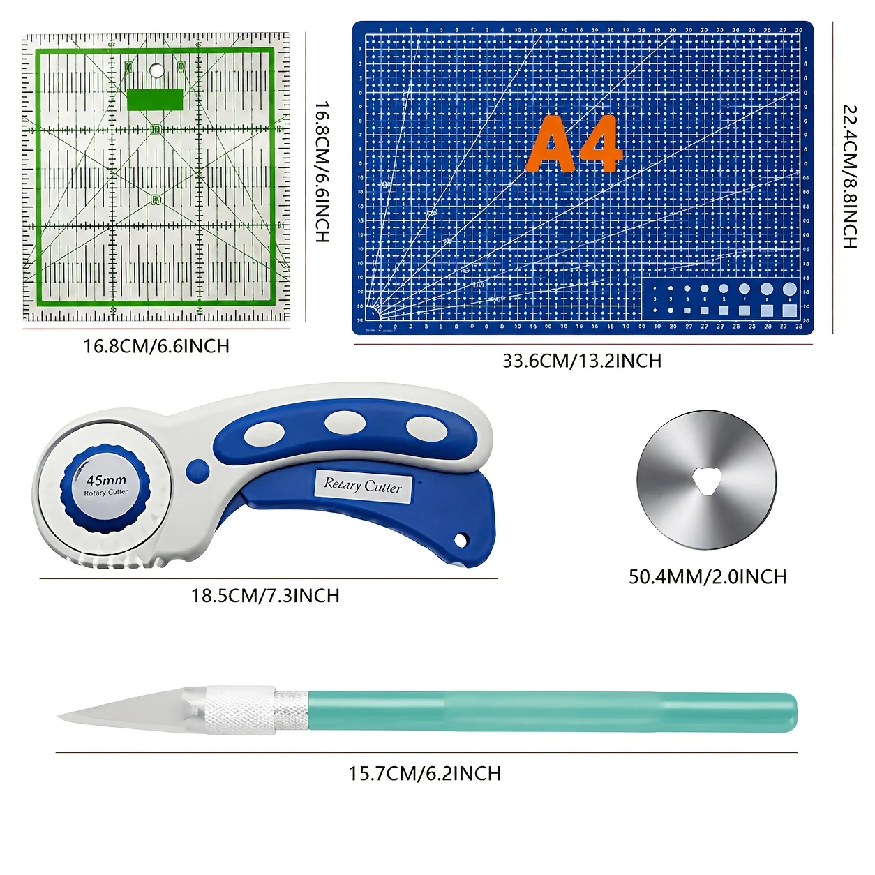 45mm Rotary Cutter Set with Sharp Blade and Safety Lock, 5 Replacement Blades, A4 Cutting Mat, Craft Knife, Acrylic Ruler and Sewing Clips, for Quilting, Sewing, Weaving and DIY Craft Projects