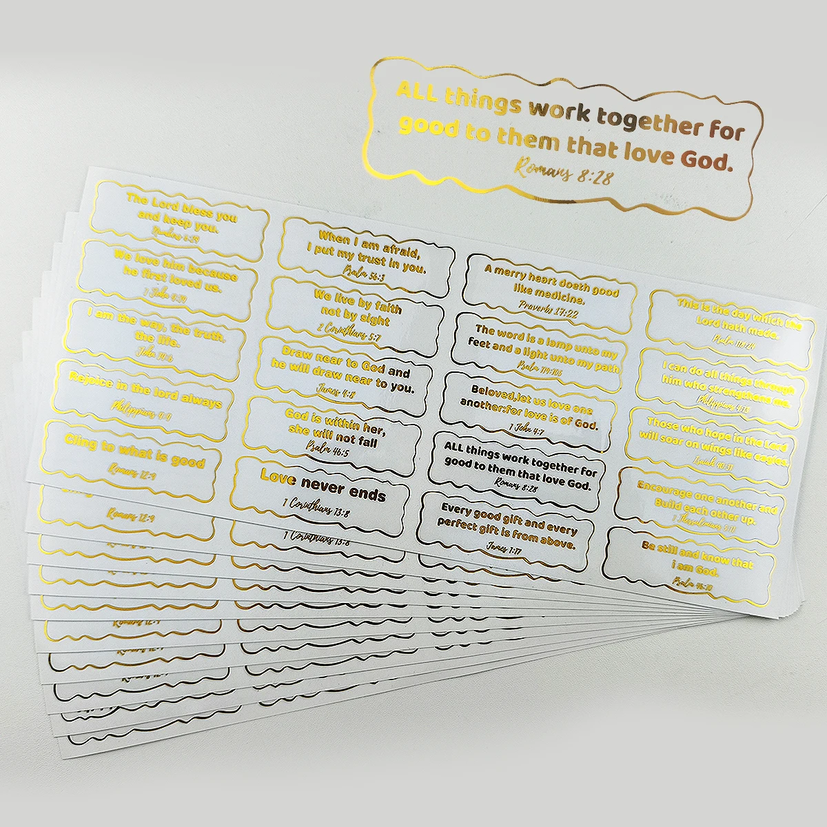 200 Pcs Metallic Foil Scripture Stickers – Inspirational Gold Lettering for Faith-Based Crafts & Packaging