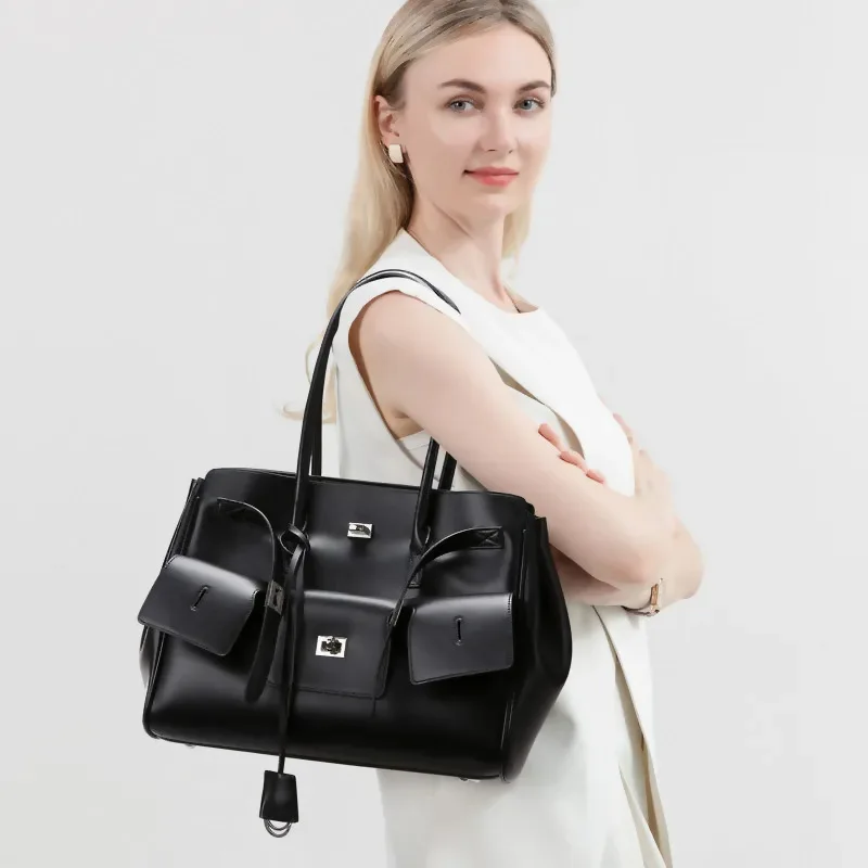 

BLACK Genuine Leather Trapeze Tote Designer Luxury Women Shoulder Bags Handbag Ladies Sling Sac Wing Bag Fashion Underarm