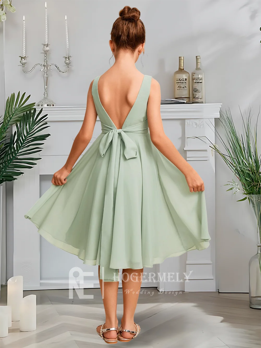 Aライン ジュニア ブライズメイドドレス 月明かり セラドン フラワーガールドレス スクエアネック シフォン 膝丈 ガーデンパーティー 結婚式