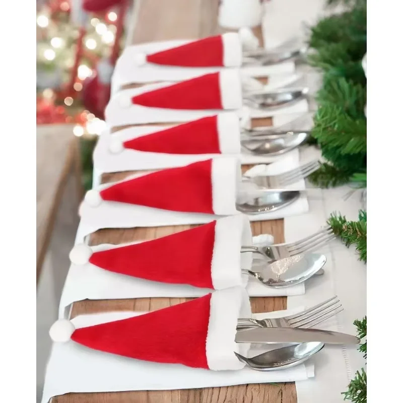 Merry Christmas Tableware Bag Holder Christmas Hat Fork Knife Cutlery Bag Christmas Decorations for Home Ornament Navidad 2025