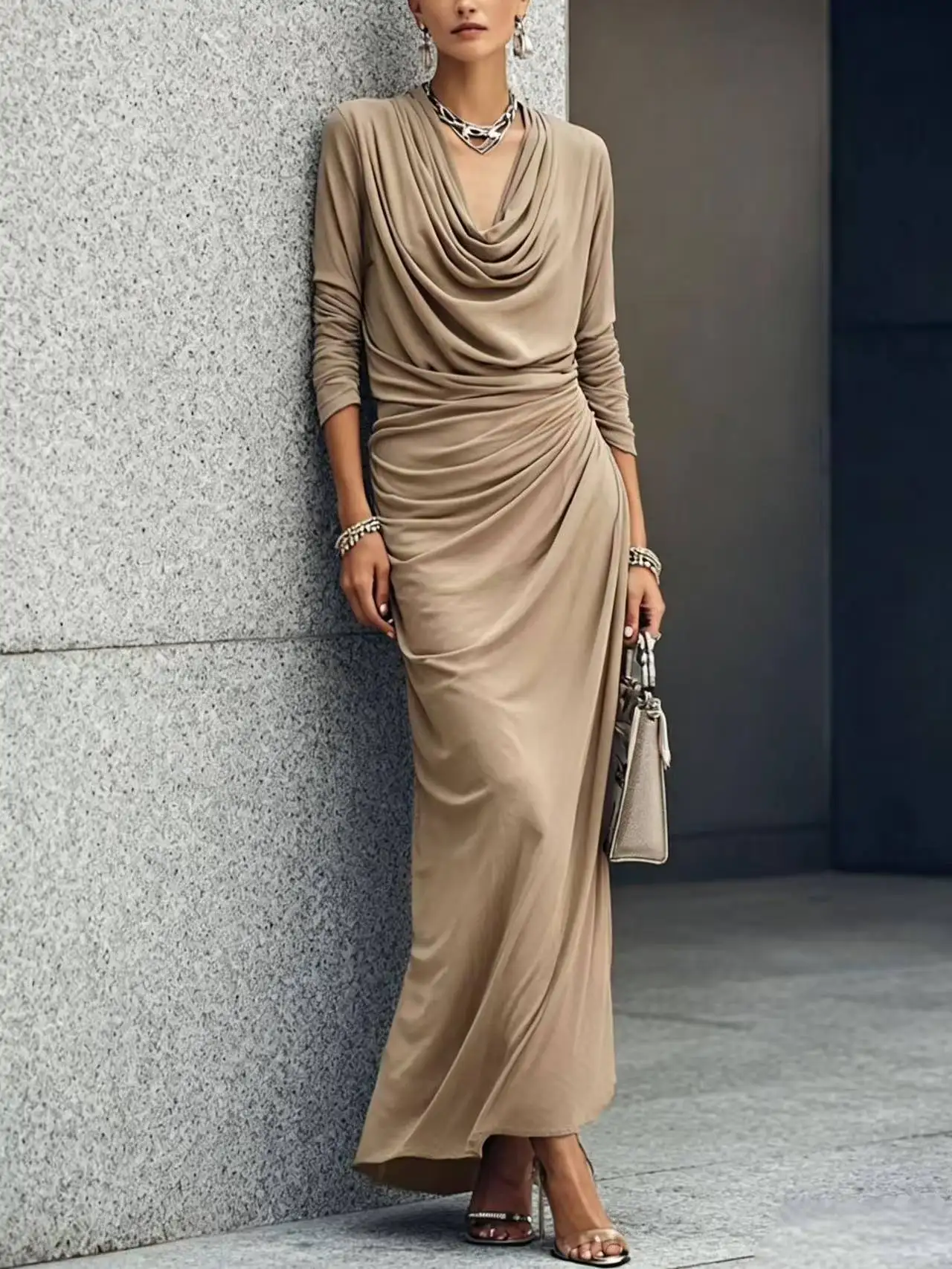 Damen Burgunder Maxikleid Langarm Wasserfallausschnitt Gerafftes Bodycon-Kleid Elegantes Abendkleid Schlanke Passform Herbst-Winter-Mode – Detail 2