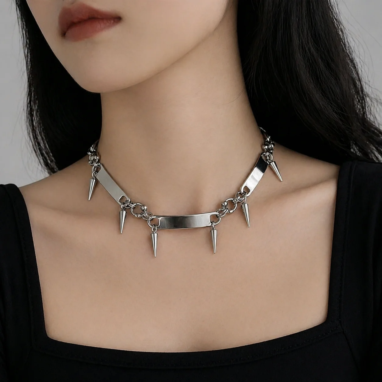 Goth Punk Spike Choker - Srebrny naszyjnik choker z kolcami dla