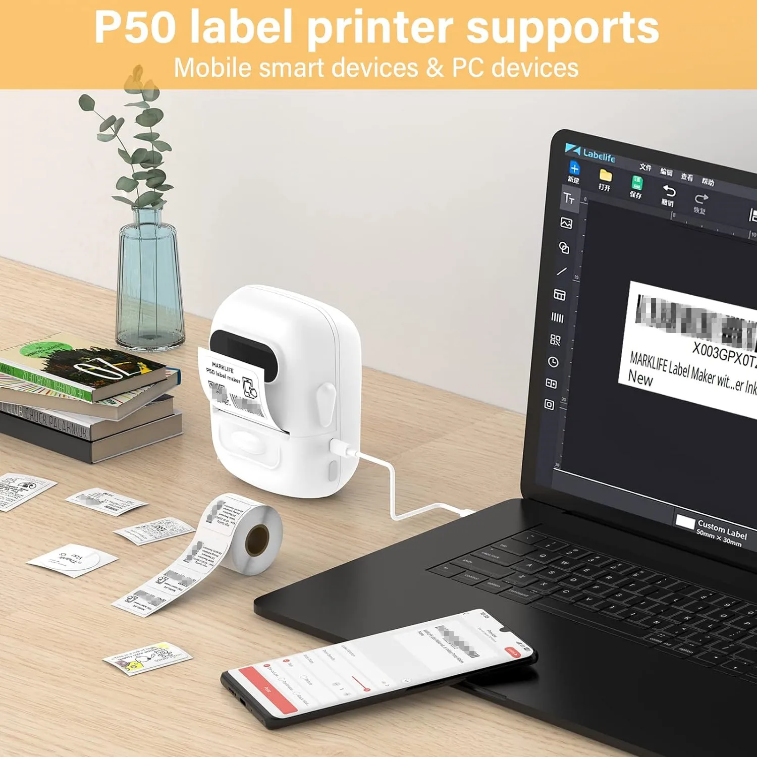 Draadloze labelprinter P50 Inktloze Bluetooth Thermische Label Maker Zelfklevende Label Sticker Machine DIY Patroon Barcode QR Code Tape