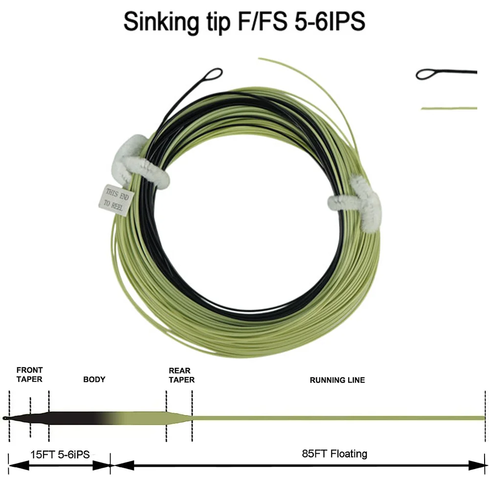 Aventik 100FT Sinking Tip Floating Line Fly Fishing Line 3-6 IPS WF4-8F/FS with 2pcs Welded Loop with Braided Core