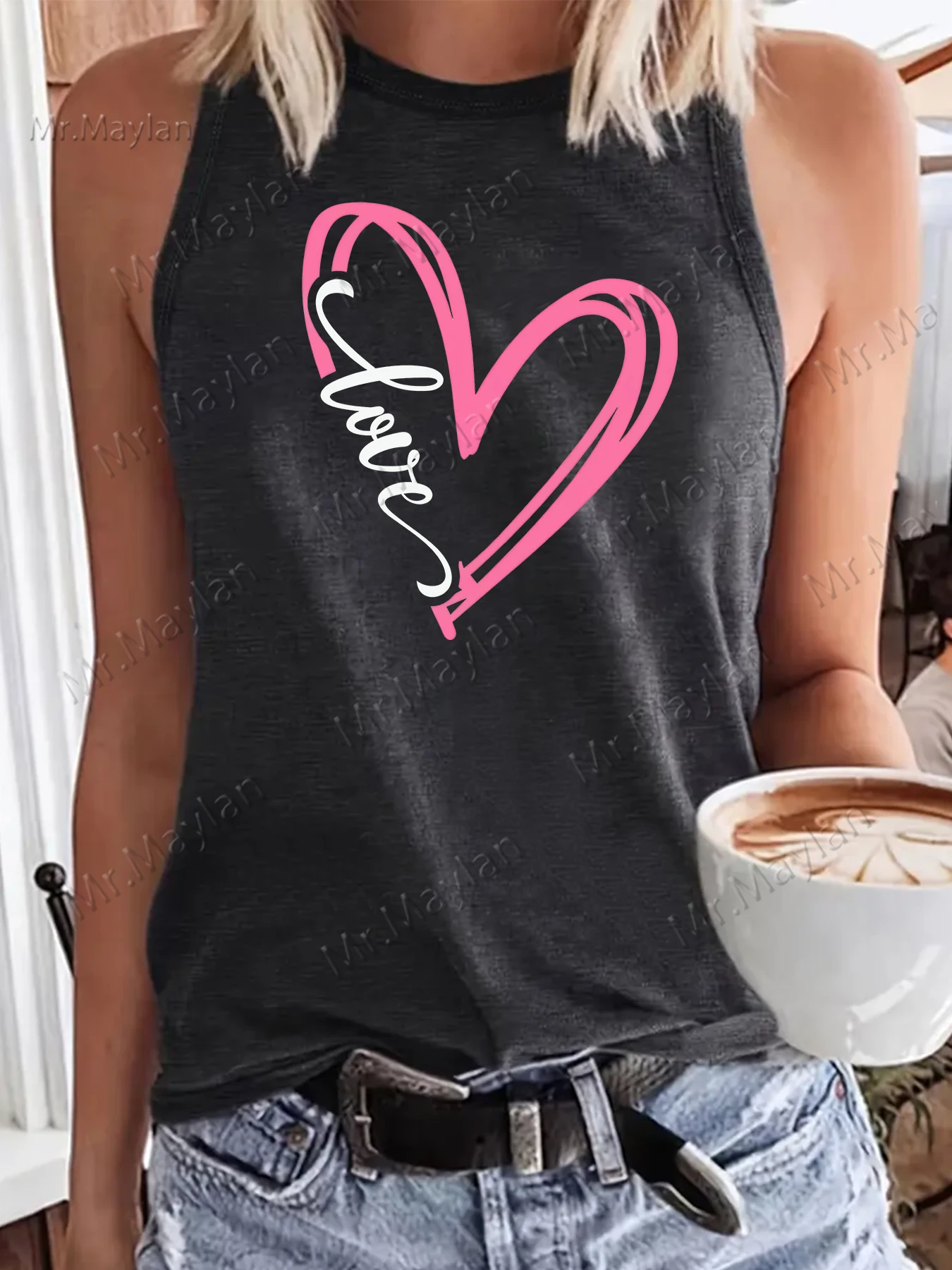 Heart Shape Love Print Women's Leisure Tank Tops Sexy O-neck Vest Tees Girl Harajuku Black Clothes Oversized Ropa De Mujer S-140