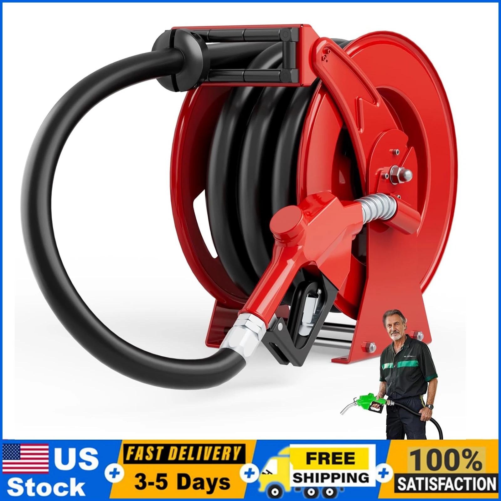 

Fuel Hose Reel, 1" x 33' Retractable Diesel Hose Reel, Heavy-Duty Carbon Steel Construction with Automatic Fuel Nozzle, 300 PSI