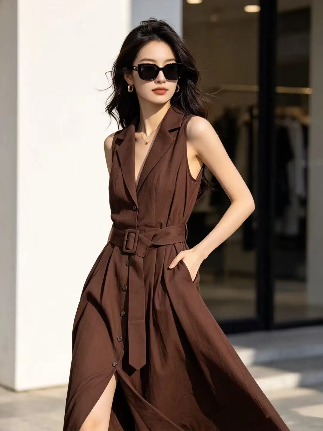 

Летнее женское платье из чистого льна, элегантное, без рукавов, с поясом, в стиле casual.