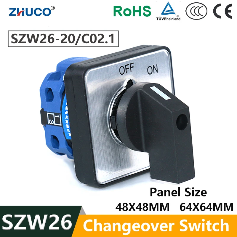 ZHUCO SZW26/LW26-20 20A 660V OFF-ON One Pole Two Position 64X64 48X48 mm Panel Electric Rotary Universal Changeover Cam Switch