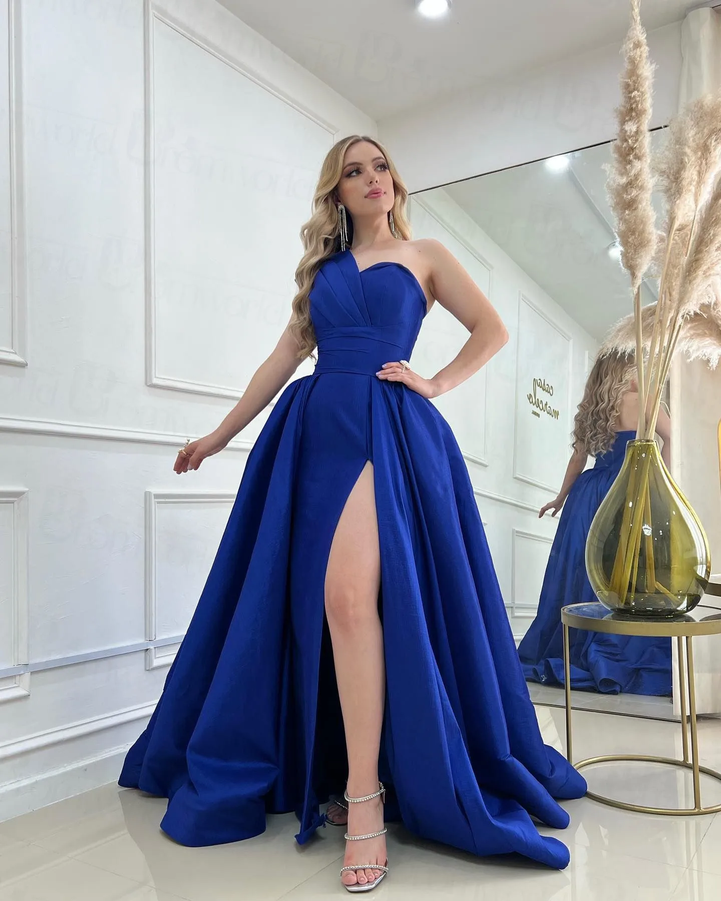 Sexy One Shoulder Royal Blue Prom Dresses Long A-Line Taffeta High Slit Formal Party Dress 2023 Evening Gown Vestidos De Gala