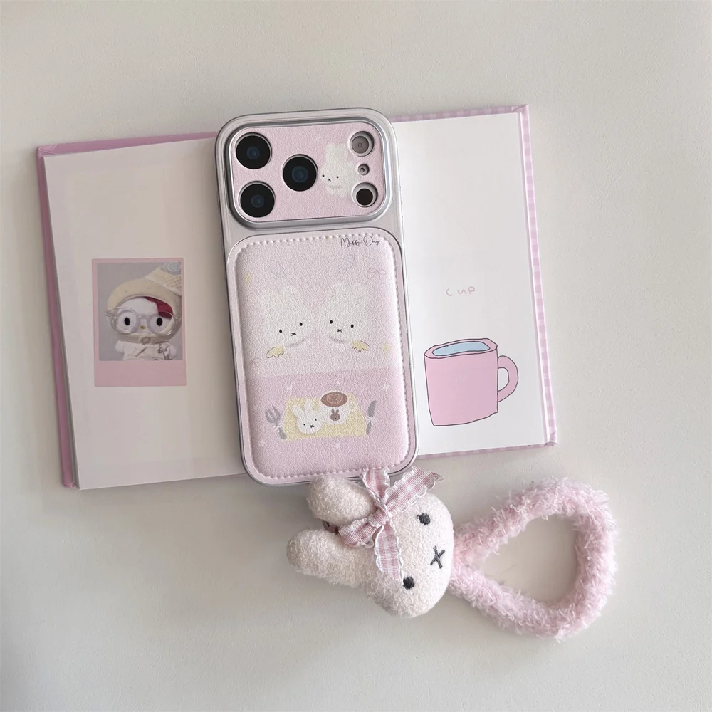 

INS Leather Cute Angel Rabbit Phone Case for iPhone 17 Pro 15 14 16 Pro Max Cover with Plush Pendant Cartoon Shockproof Funda Ca