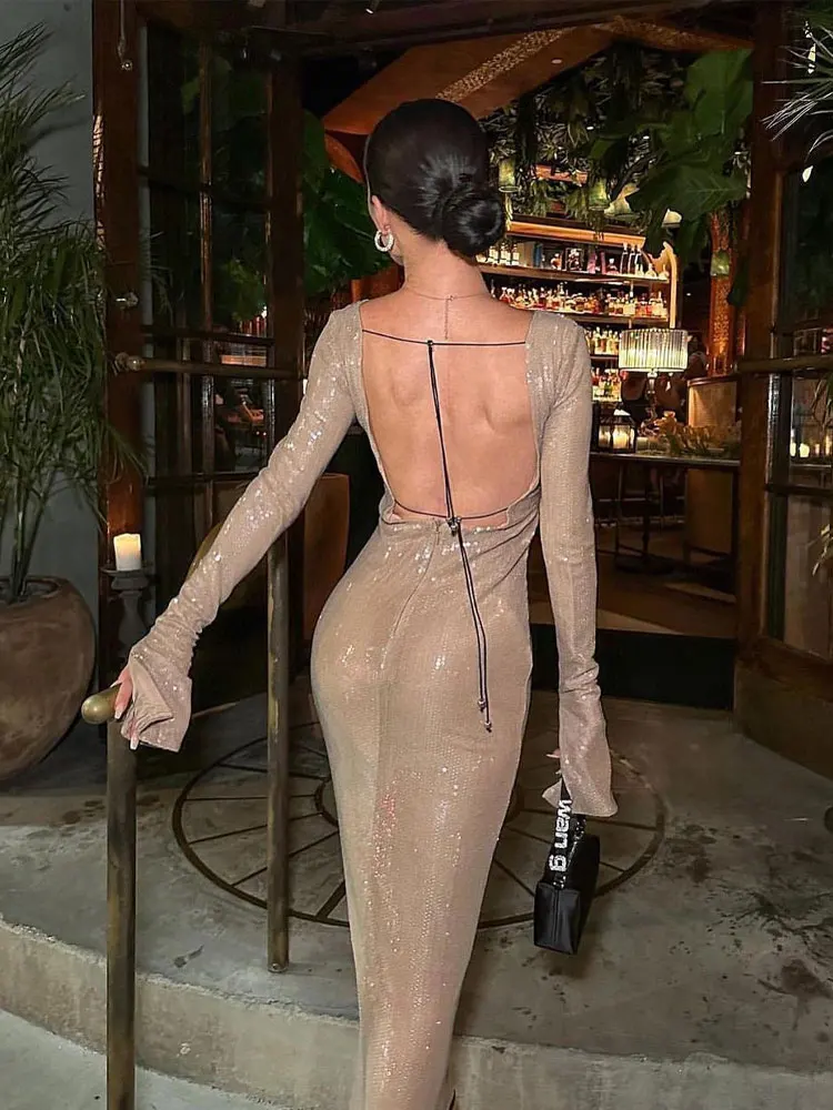 Sequin Lace Up Backless Long Dresses Deep V Flash Sparkling Sexy Long Sleeve Backless Champagne Women Evening Party Club Dress