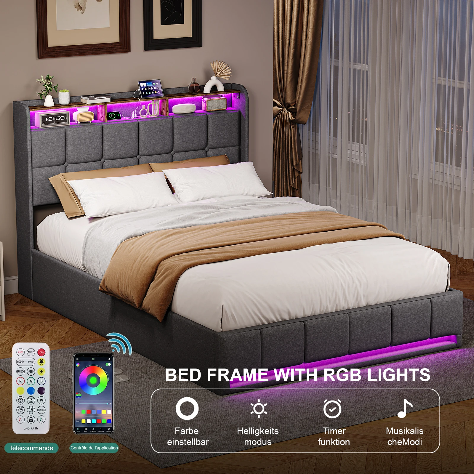 Cama hidráulica de 140/160x200 con LED y USB, cama capitoné de 140/160x200 con cabecero con almacenamiento, estructura de cama doble para 2 personas, cama tapizada de lino, cama para adultos de 2 personas, cama doble