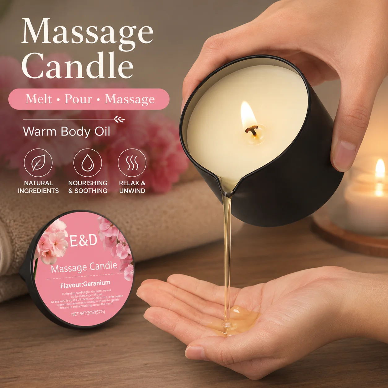 Massage Candle Melting - เทียนนวดตัวกลิ่นเจอเรเนียม 2 ออนซ์, เทียนนวดตัวละลายเป็นน้ำมันบำรุงผิวอุ่นๆ, ของขวัญสปาในบ้านเพื่อการบำรุงผิวและอโรมาเธอราพีสำหรับเธอ