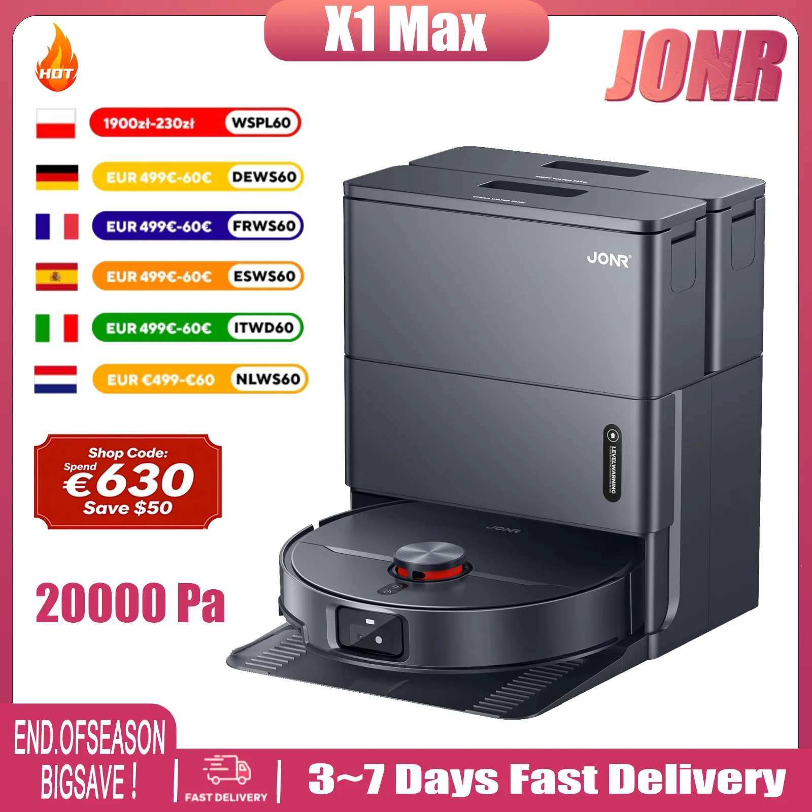 Robot aspirapolvere JONR X1 Max 20000 Pa Ultra sution con funzione di pulizia, spazio per ostacoli da 30 mm, 75 ° C Pulizia ad acqua calda, 45 ° C Aria calda chiara, evitamento ostacoli AI e °